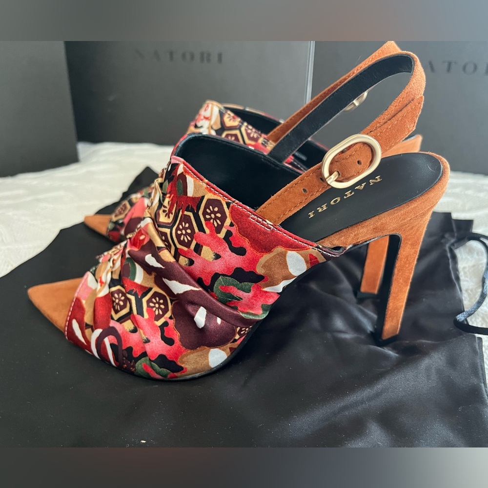 New! Natori Vibrant Patterned Slingback Satin & Leather Heels Various Sizes - Picture 1 of 13